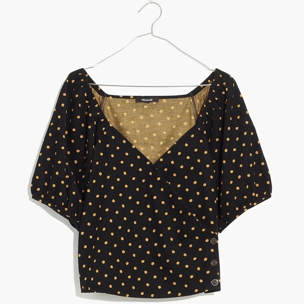 Madewell Corduroy Puff Sleeve Wrap Top In‎ Oval Dot